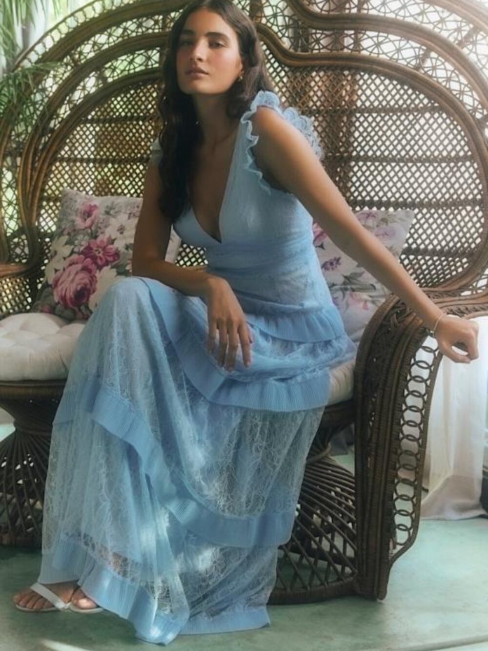Lulus Marvelous Darling Powder Blue Lace Ruffled Tiered Maxi Dress - Size M